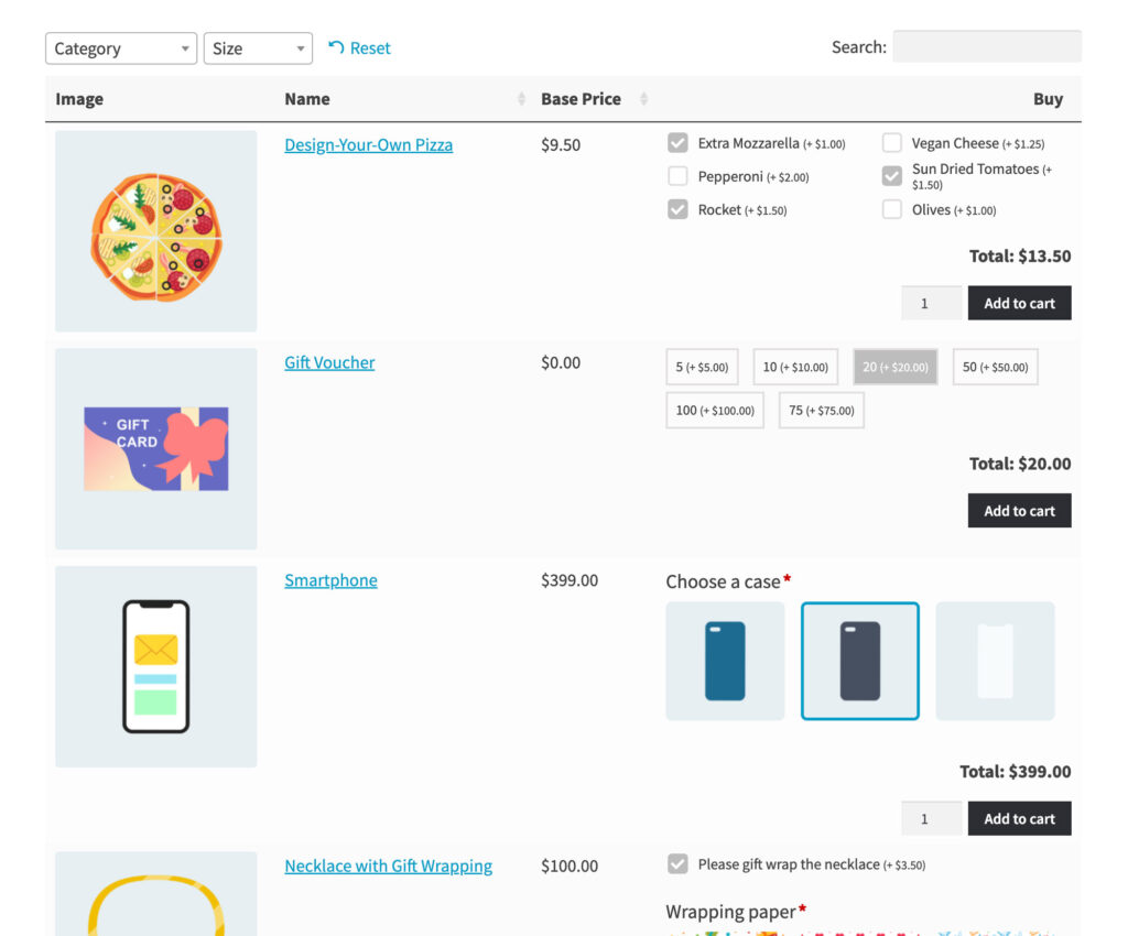 WooCommerce Display Product With Addons In Table Form