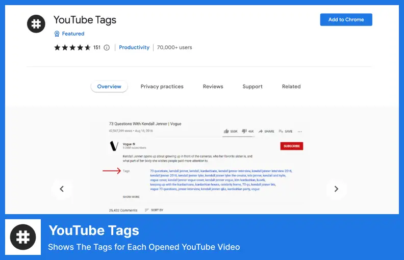 YouTube Tags - Shows The Tags for Each Opened YouTube Video