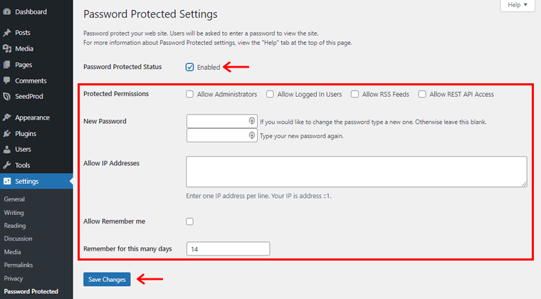 Password Protection Settings and Save Changes 