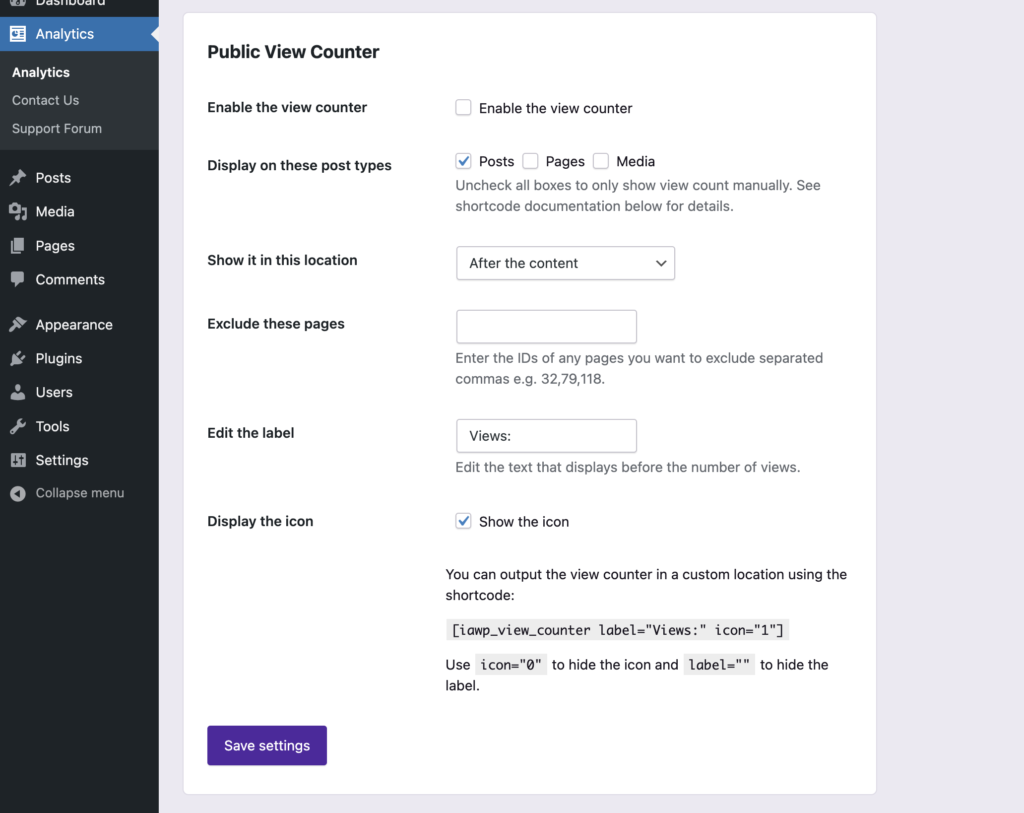 Public View Counter Settings