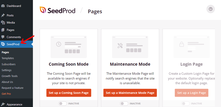 SeedProd Menu in the Navigation - Hide WordPress Site
