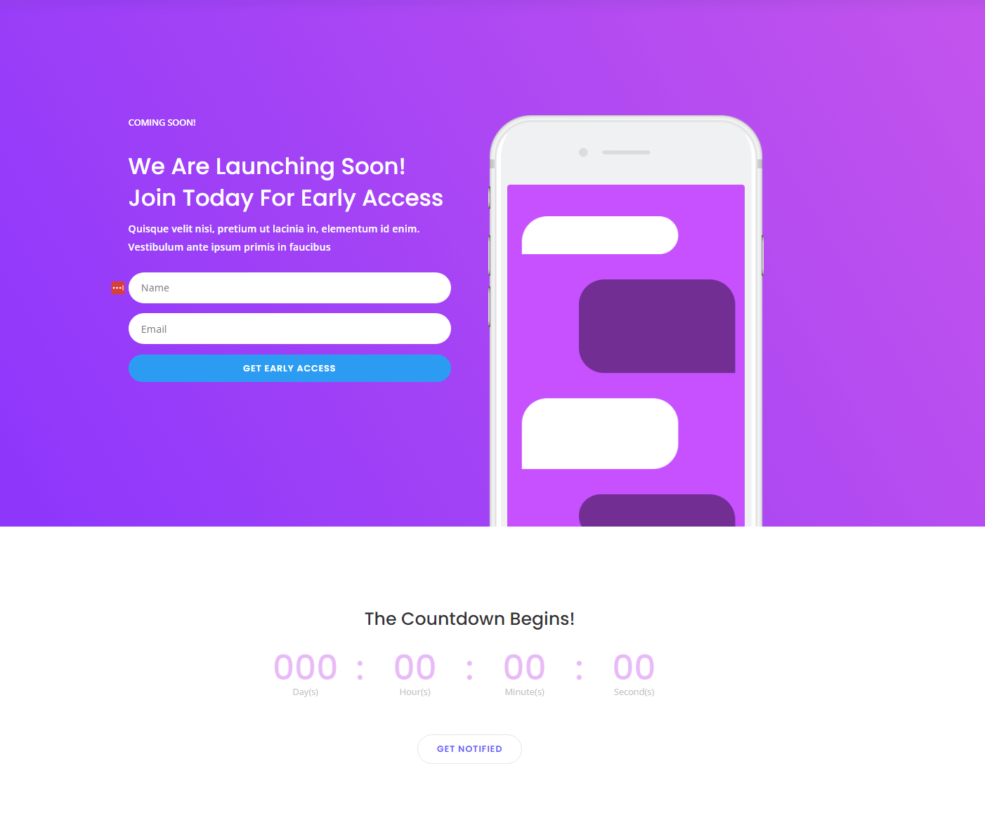 One of Divi's coming soon templates with countdown.