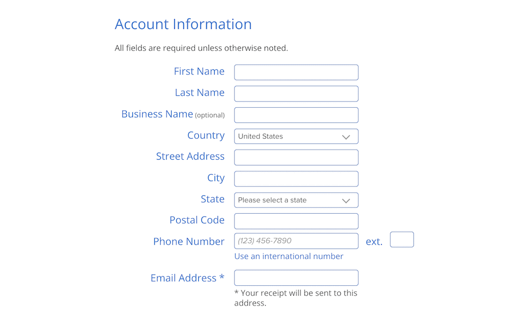 The Bluehost account information screen.