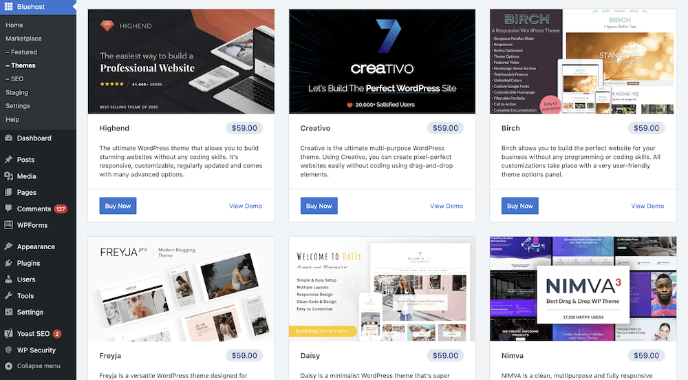 Premium themes in the Bluehost marketplace.