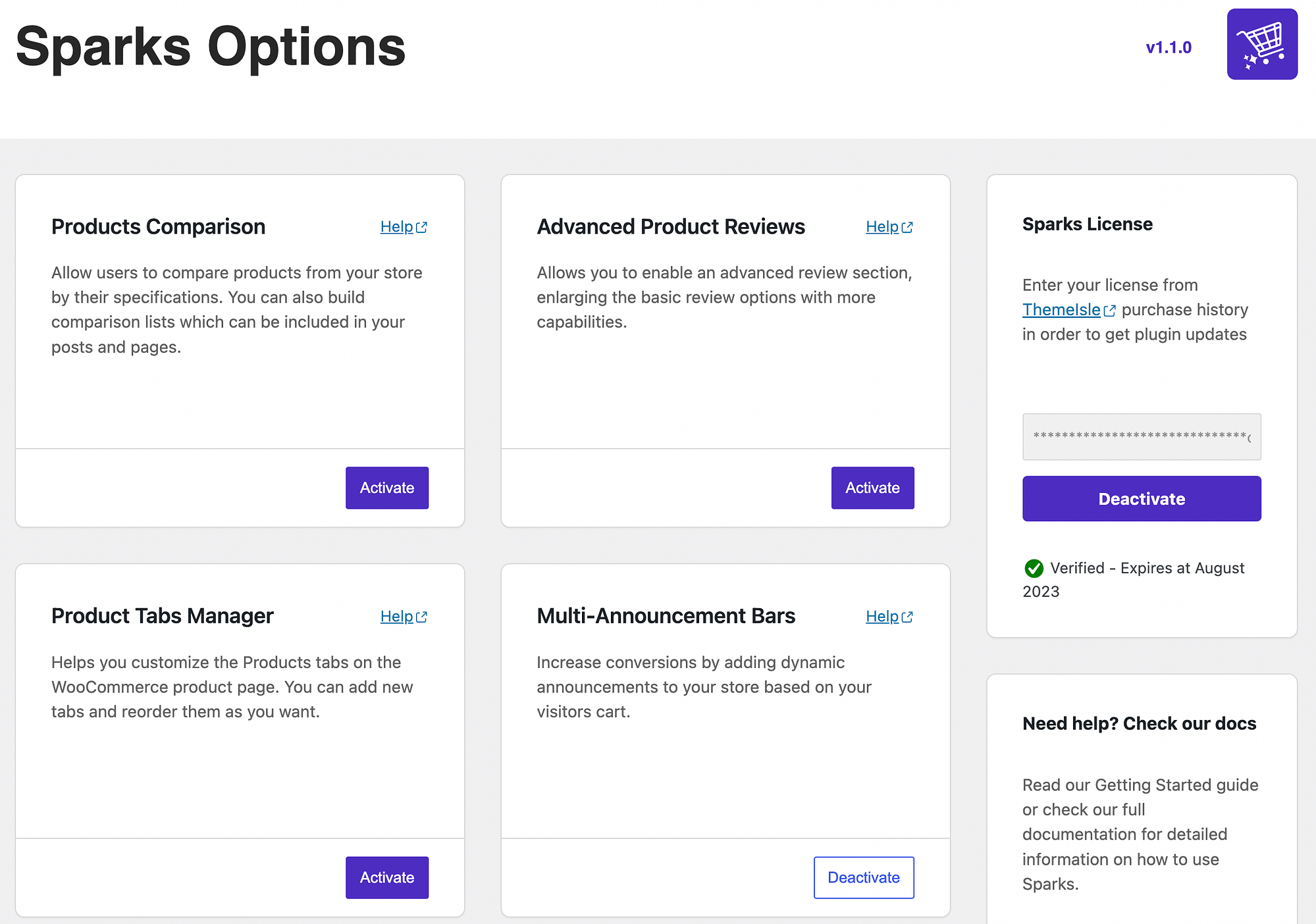 Activate the Products Comparison module in Sparks for WooCommerce