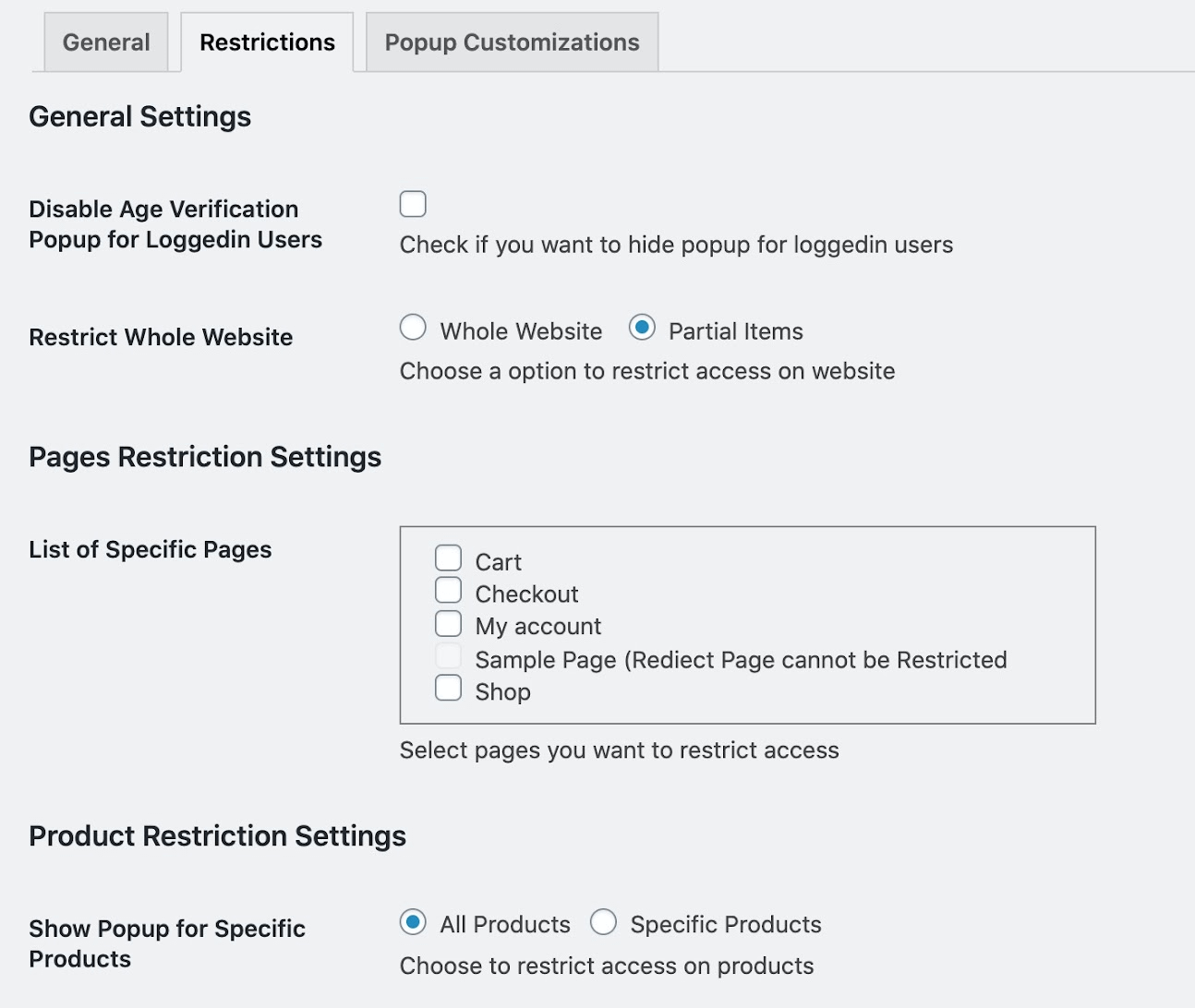 WooCommerce Age Verification Popup's restriction settings
