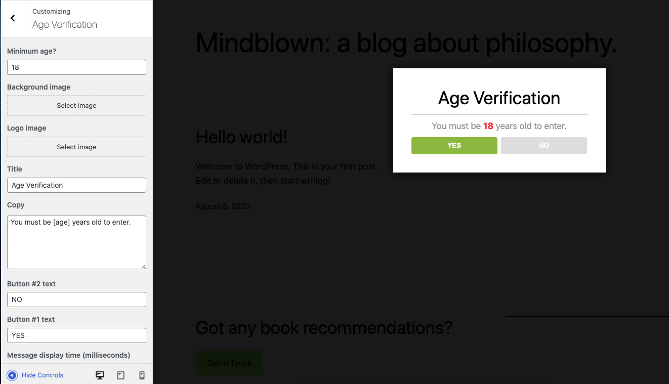 Age Verification plugin for WordPress setting screen