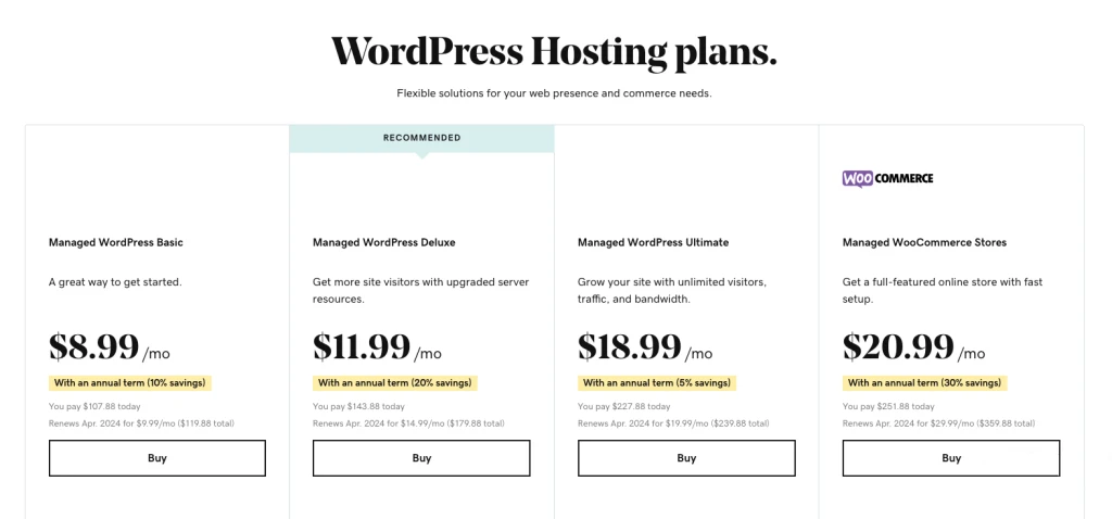 WordPress Hosting GoDaddy pricing plans
