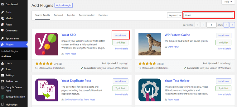 Search and Install Yoast SEO