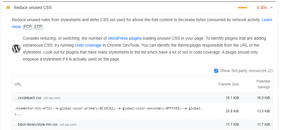 Unused CSS files in PageSpeed Insights.