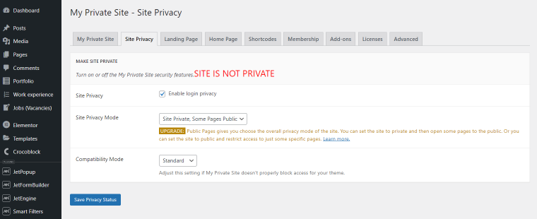 site privacy settings in my private site plugin