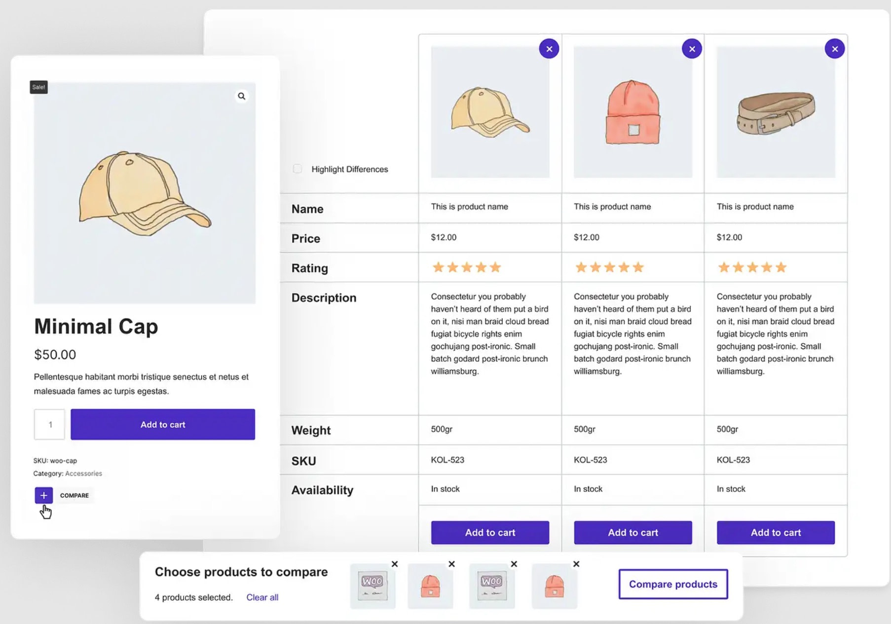 WooCommerce compare products table example from Sparks plugin