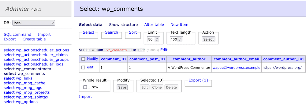 A WordPress database showing the comments table.