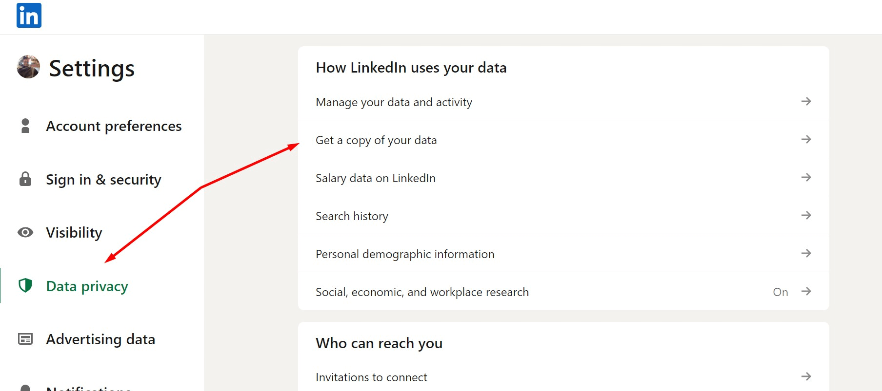 How to find someone's email address by getting a copy of your data in LinkedIn.