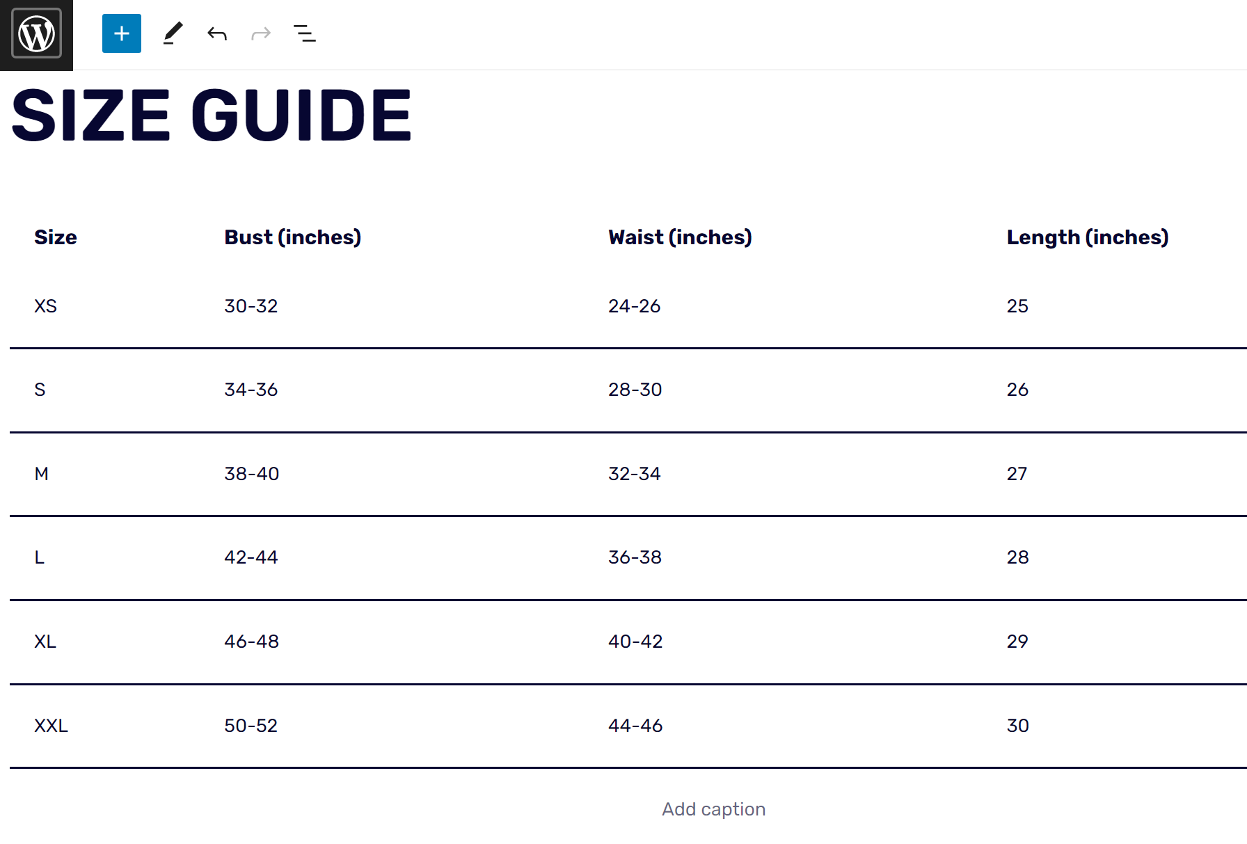 Clothing size guide tab.