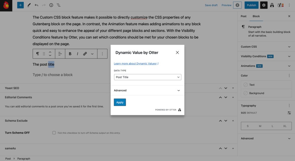 A fourth example of inserting WordPress dynamic content using the Otter Blocks plugin.
