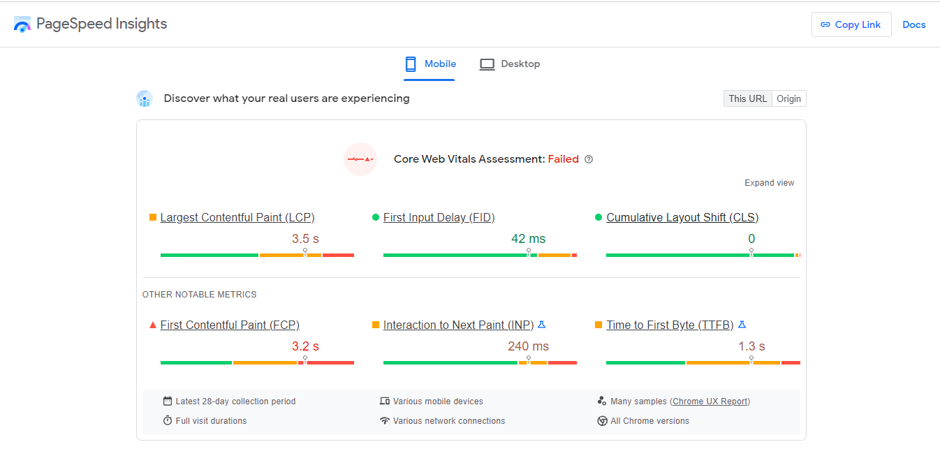 Core Web Vitals assessment on PageSpeed Insights.
