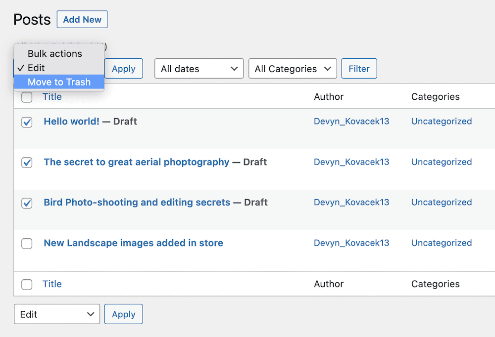 Selecting draft posts within WordPress to delete them.