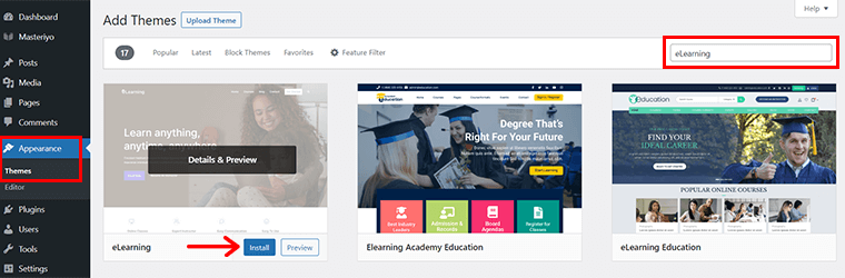 Search and Install eLearning Theme