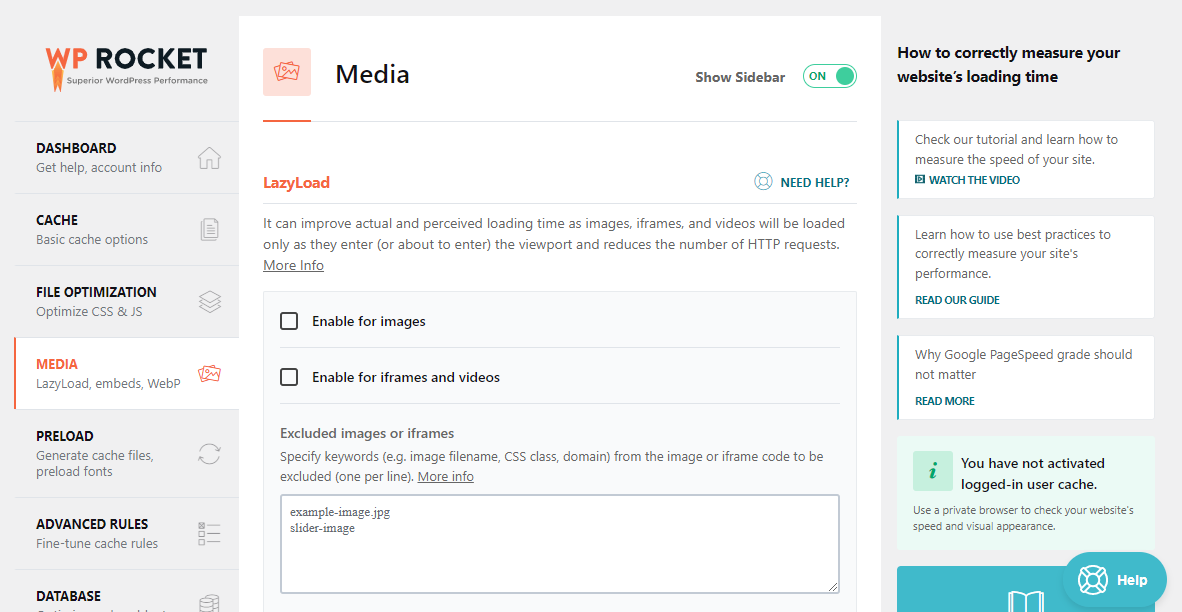 The Media tab in WP Rocket, where you can use explicit width and height on image elements.