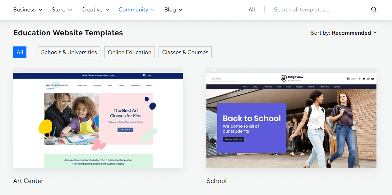 Wix templates for education websites.