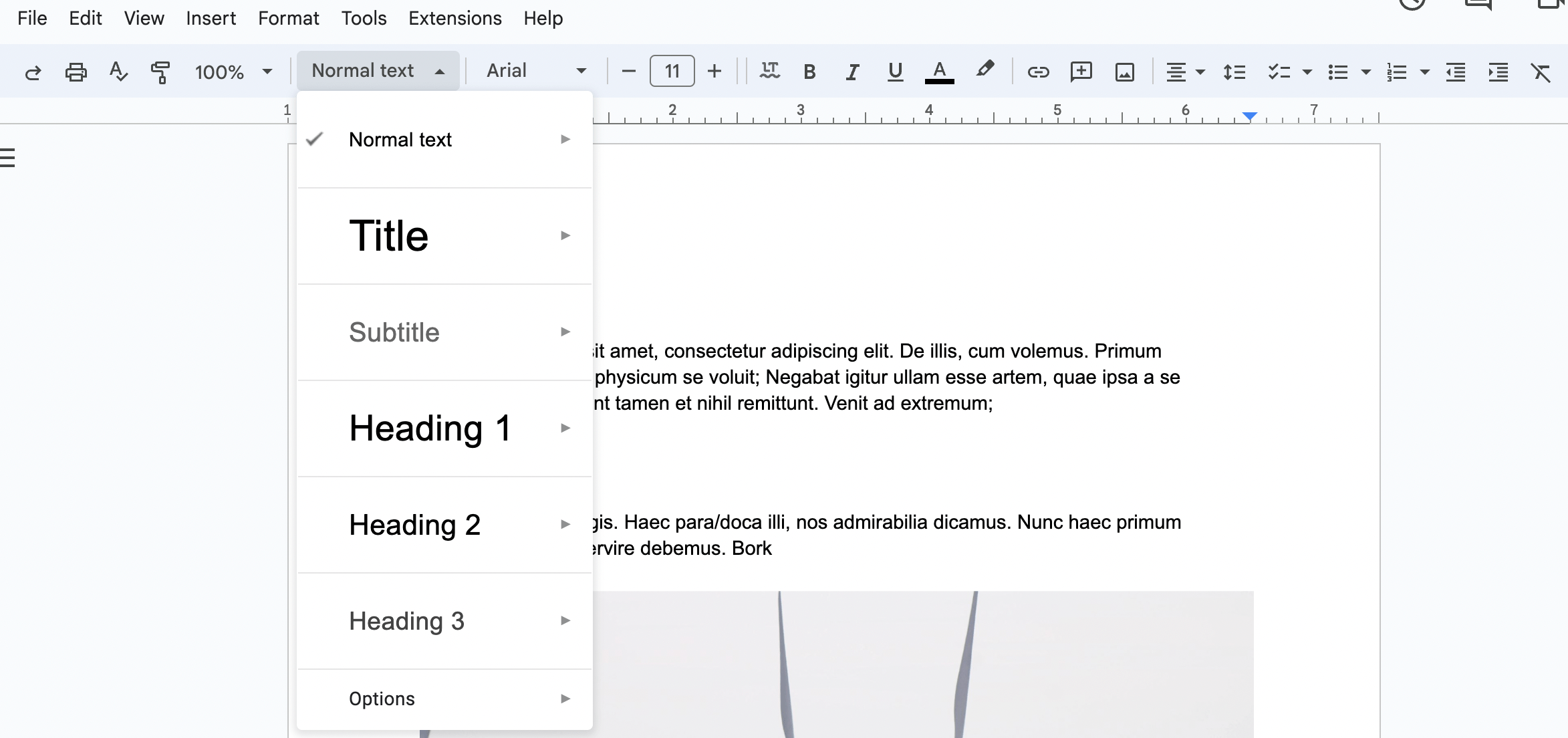 Heading options in a Google Doc.