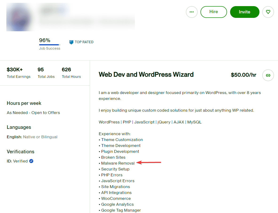 Hiring developers on Upwork to clean a malware infection.
