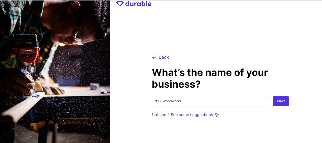Entering a name for your business in Durable.