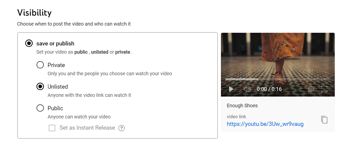 Configure a video's visibility settings in YouTube.