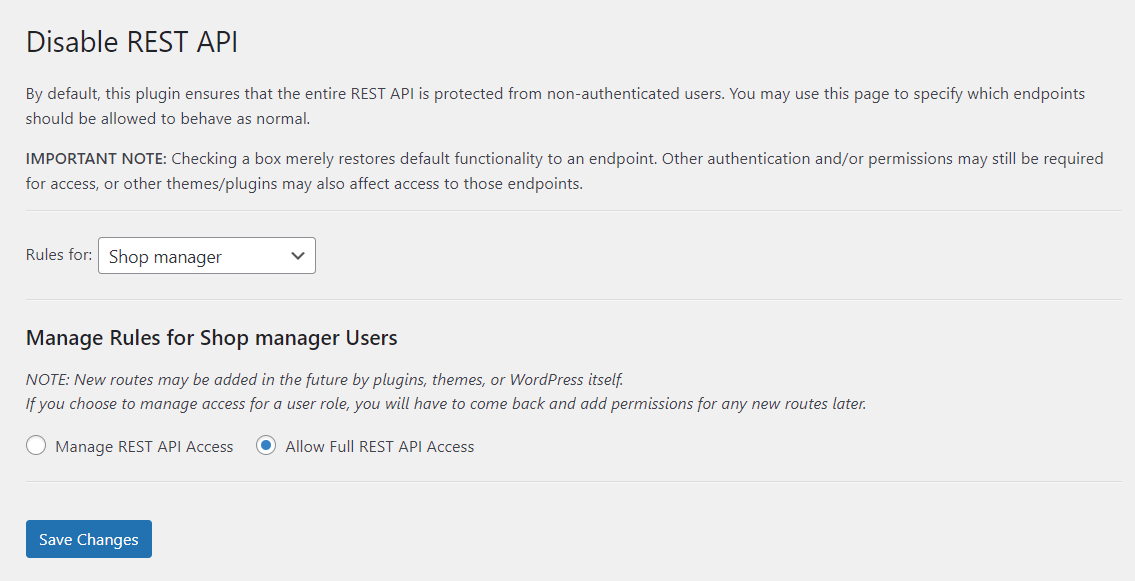 Manage REST API access rules for shop manager users.