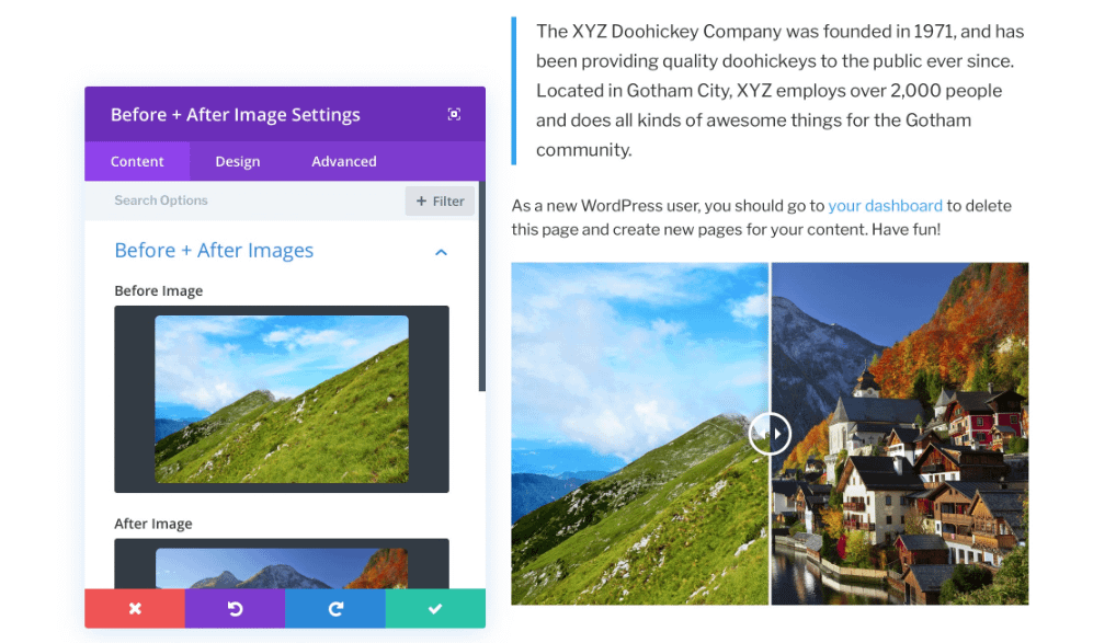 Divi image slider for before and after photos.