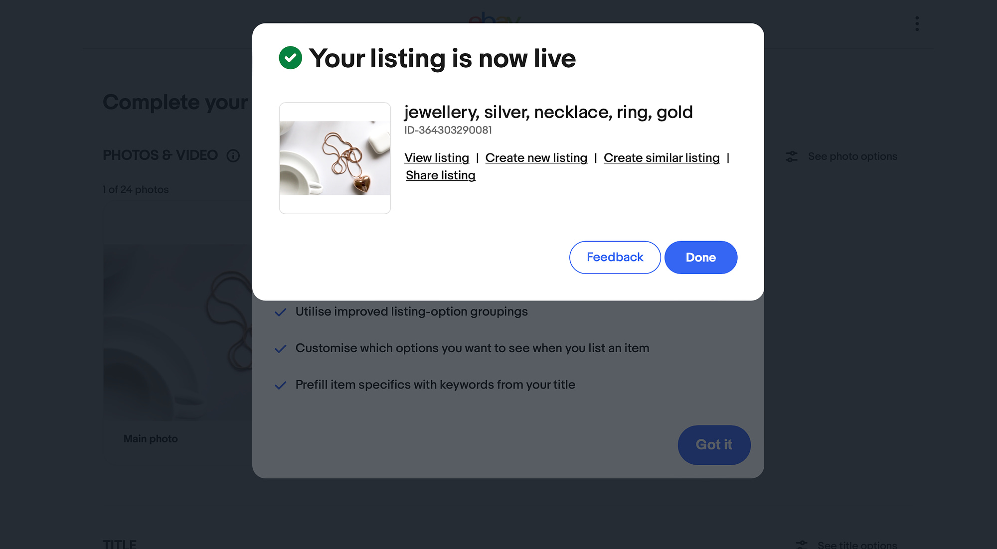 "Your listing is now live" screen from eBay for eBay vs Etsy vs WooCommerce comparison.