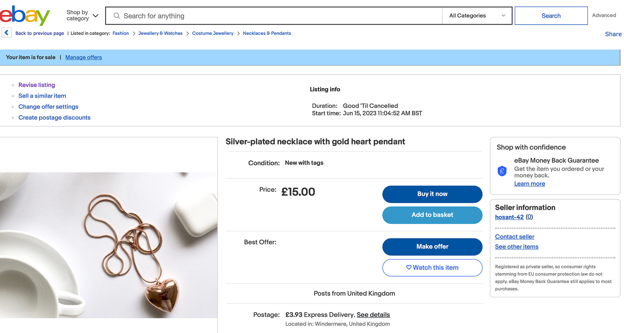 eBay listing example of a necklace listed for 15 pounds.