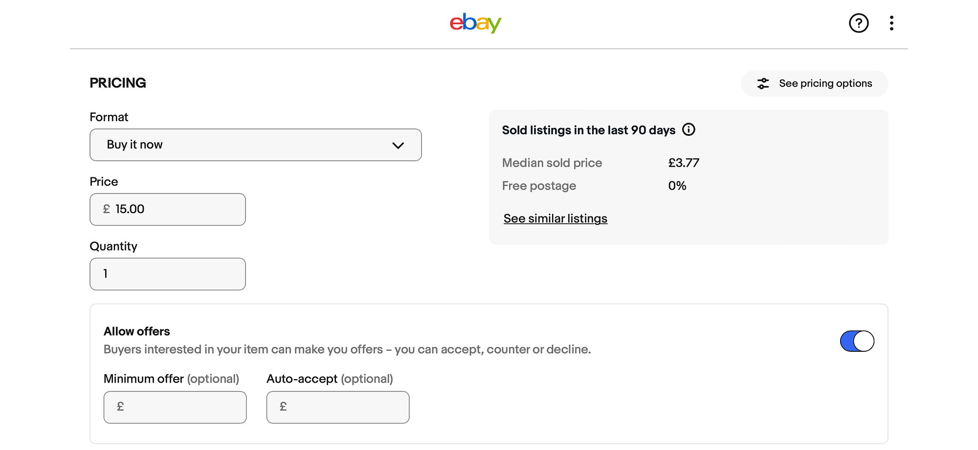 Set pricing information for eBay product.