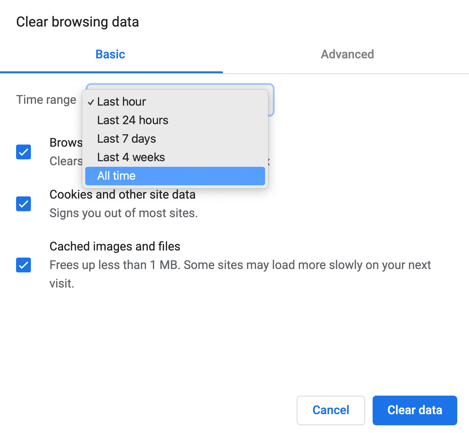 Selecting a time range for clearing browser data in Chrome.