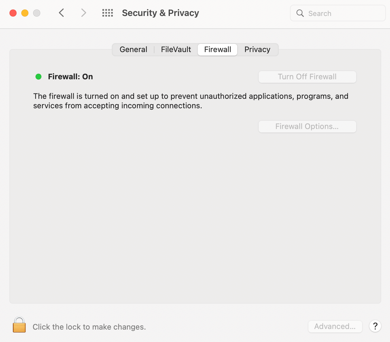 Firewall settings on a Mac device.
