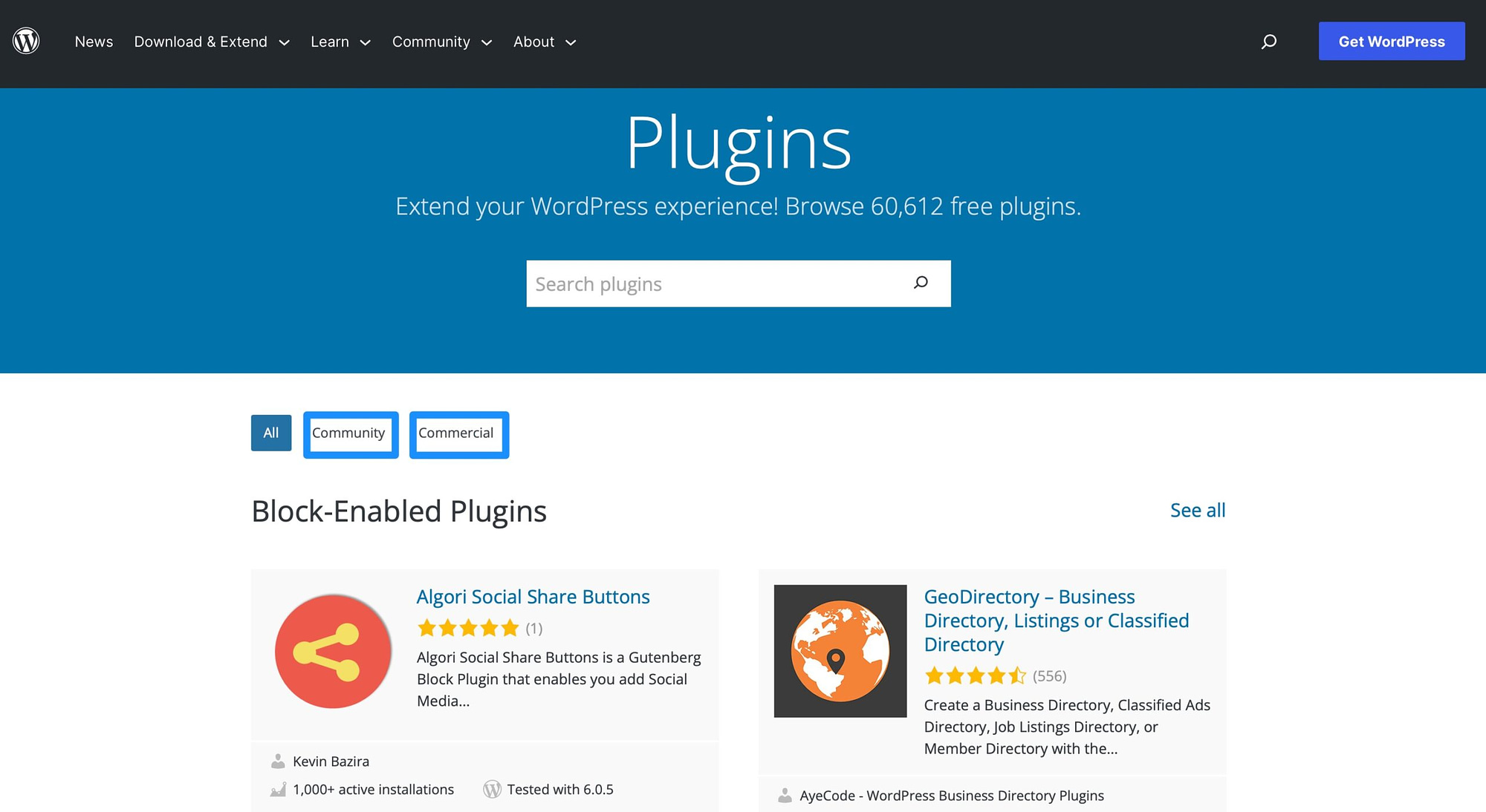 Community vs commercial plugins in the WordPress repository.