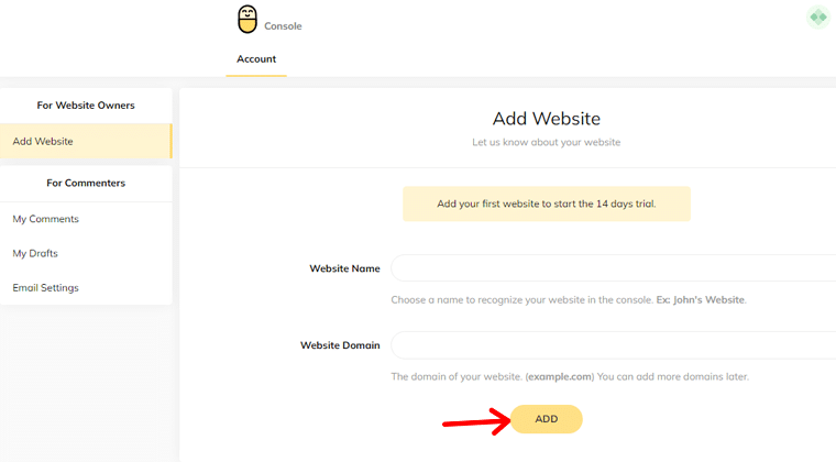 Enter Your Website Name and Click Add Button