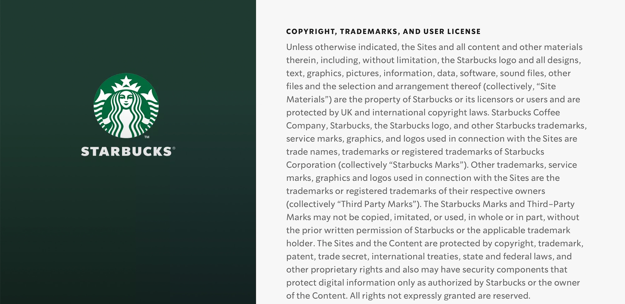 The Starbucks website uses a copyright notice to help prevent content scraping.