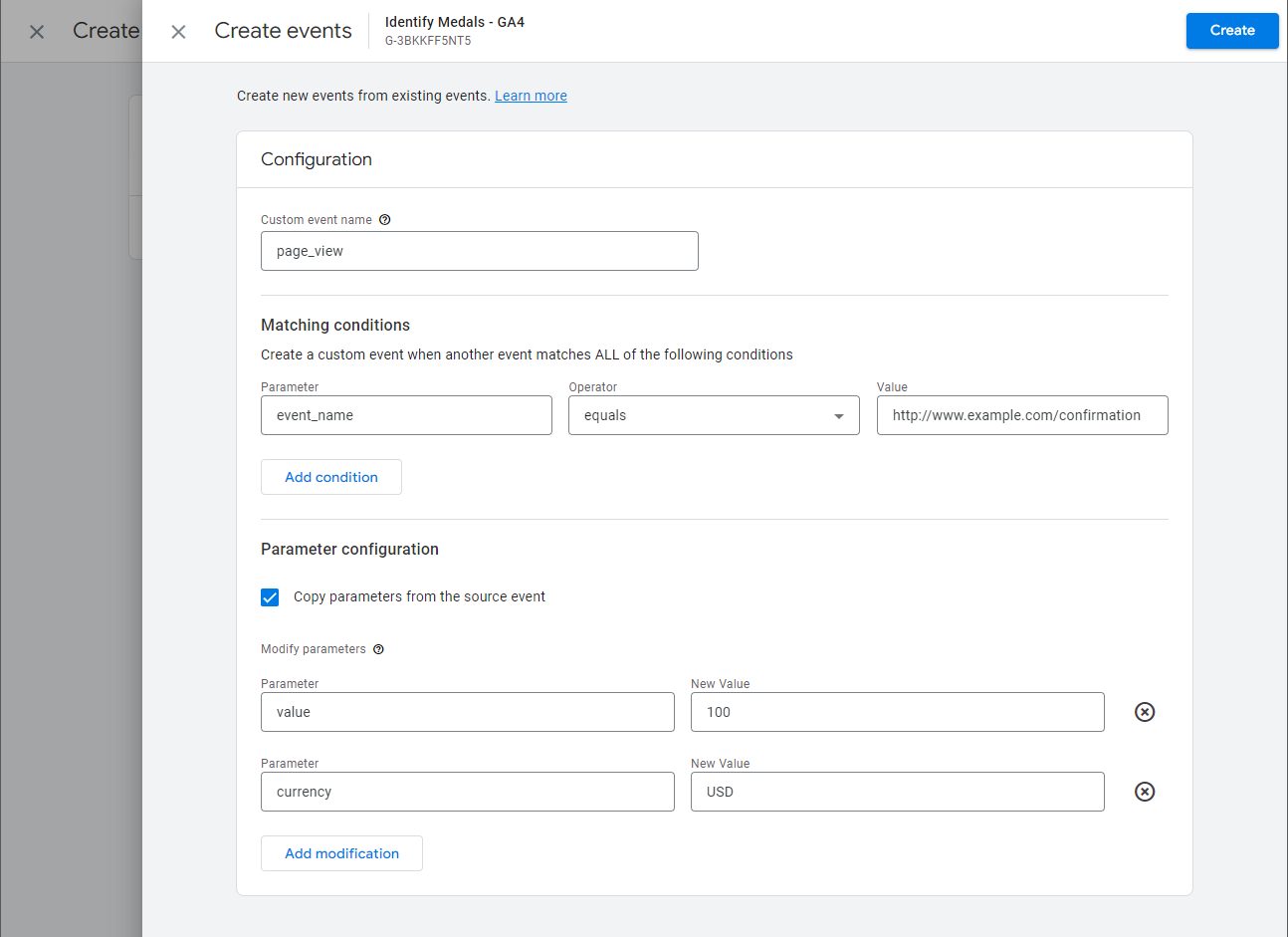 Defining the matching conditions and parameters of a conversion event in Google Analytics.
