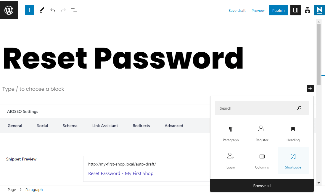 Adding a shortcode in the WordPress custom reset password page.