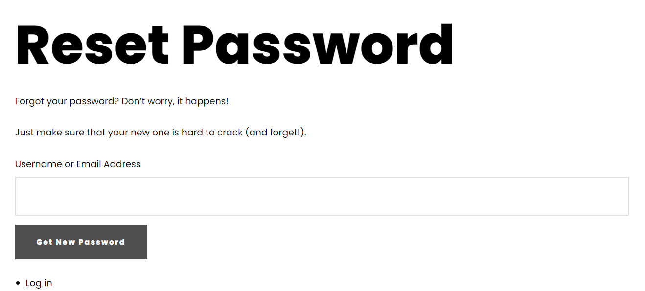 The WordPress custom reset password page on the front end.