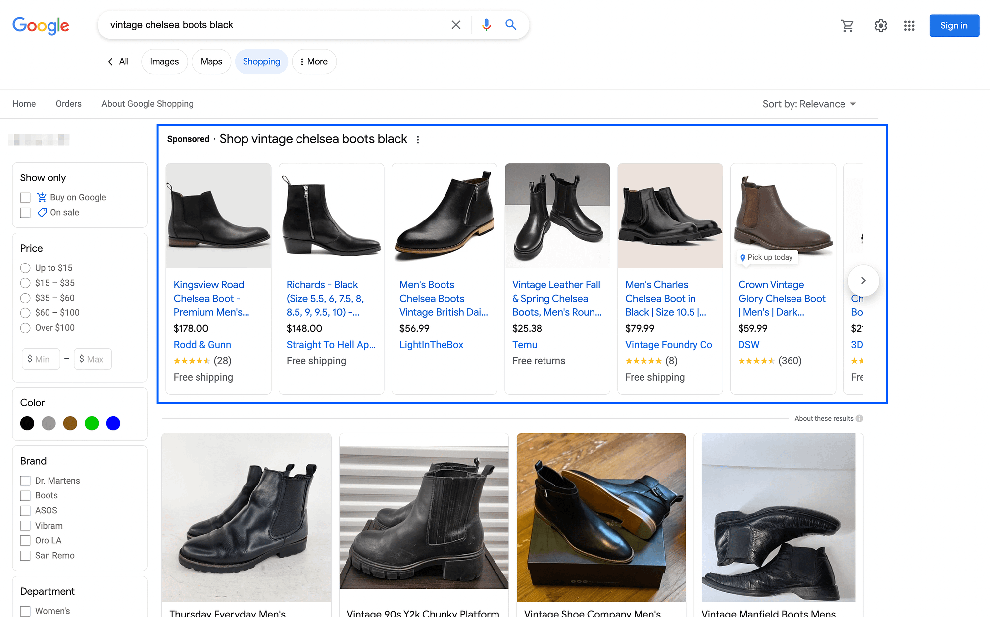 The Google Shopping filter for product search results.