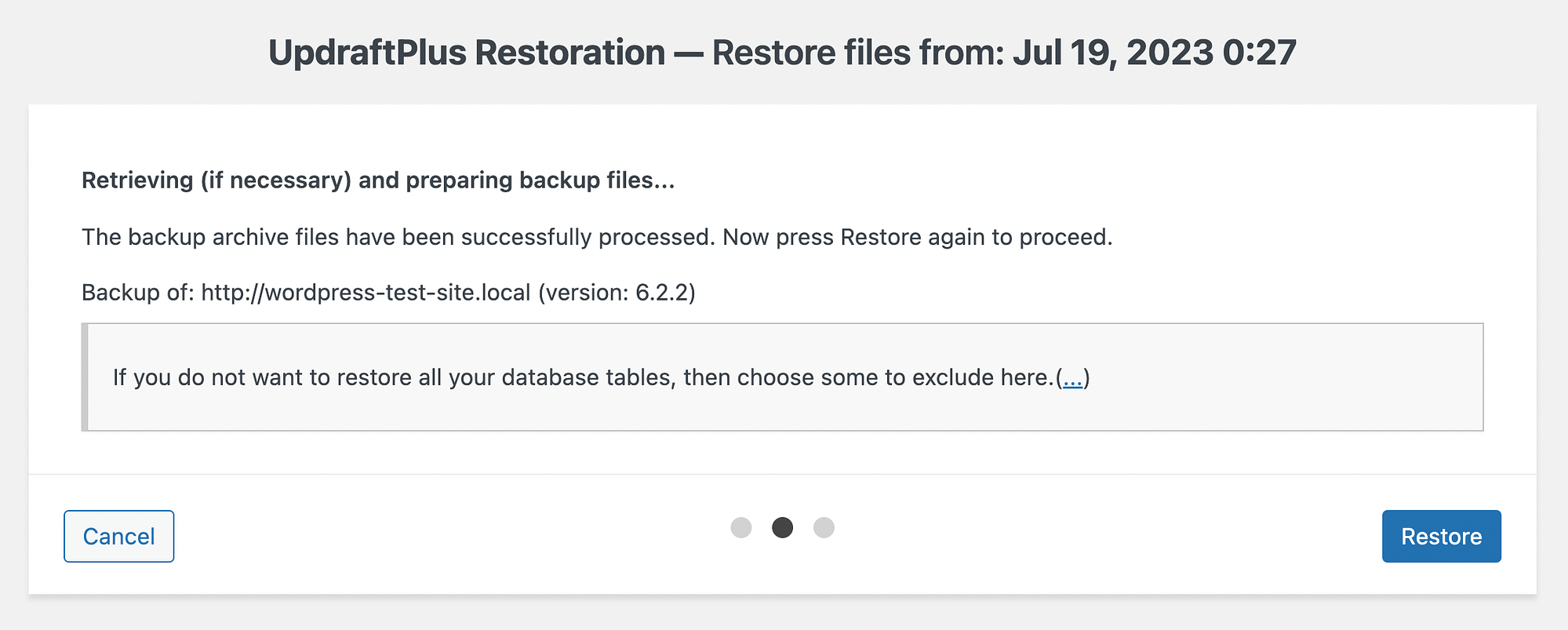 UpdraftPlus restore button.