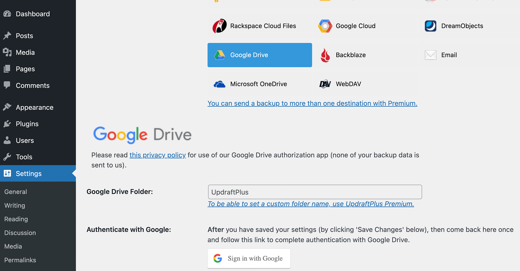 Choosing Google Drive as your remote storage.