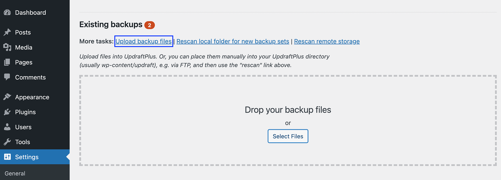 Upload backup files from an external source.