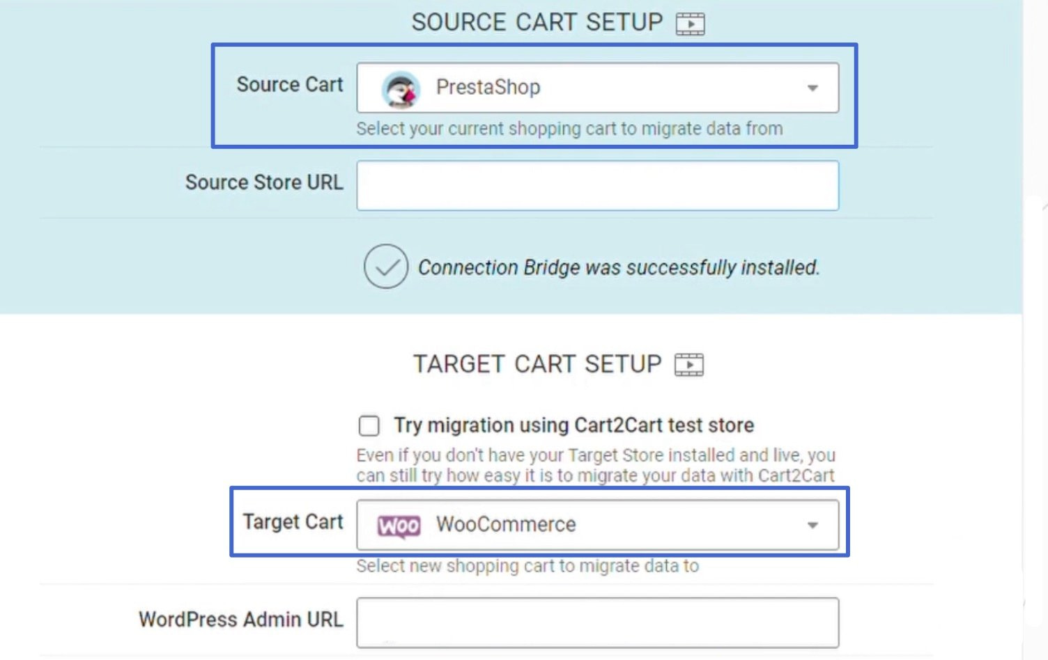 Picking source cart and target cart to migrate from PrestaShop to WooCommerce.