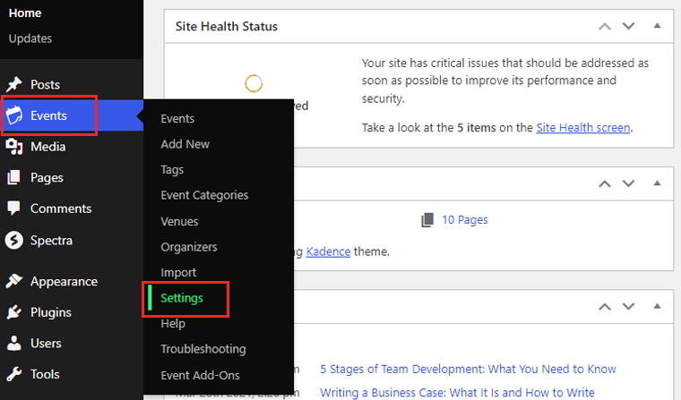 Go to Events and Click on Settings