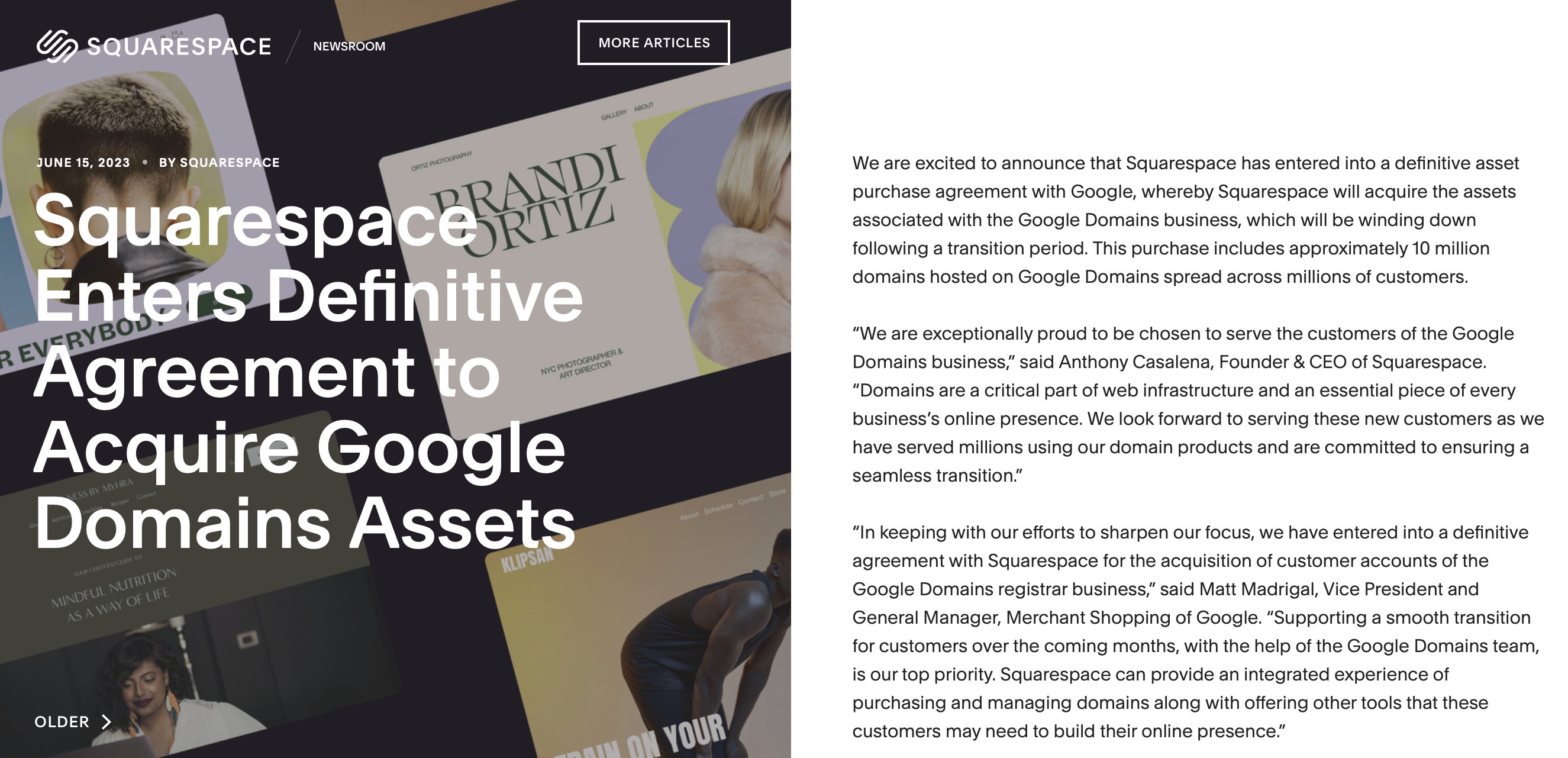 Squarespace announcement about acquiring Google Domains.