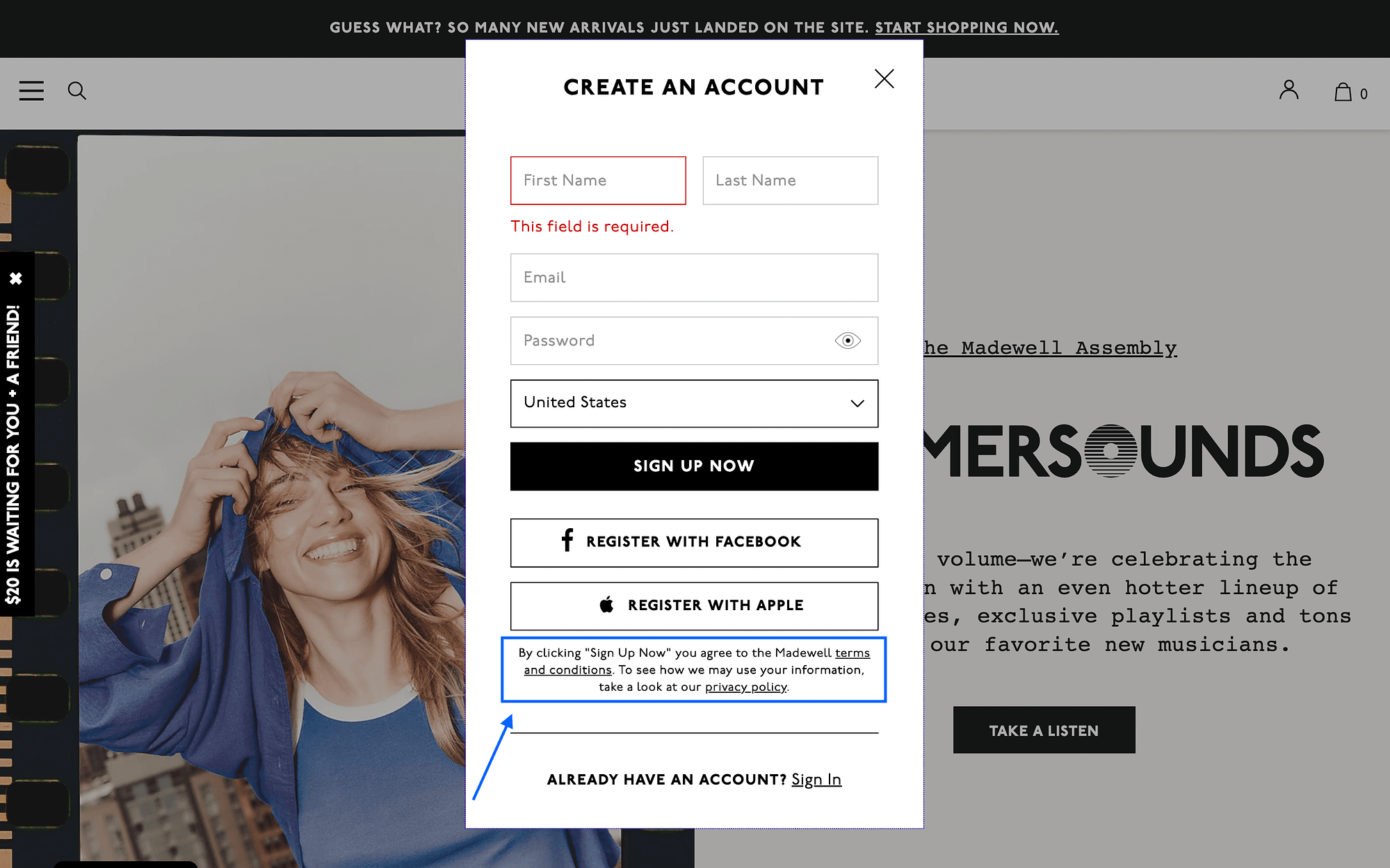 Terms and Conditions / Privacy policy links in an ecommerce sign up form.